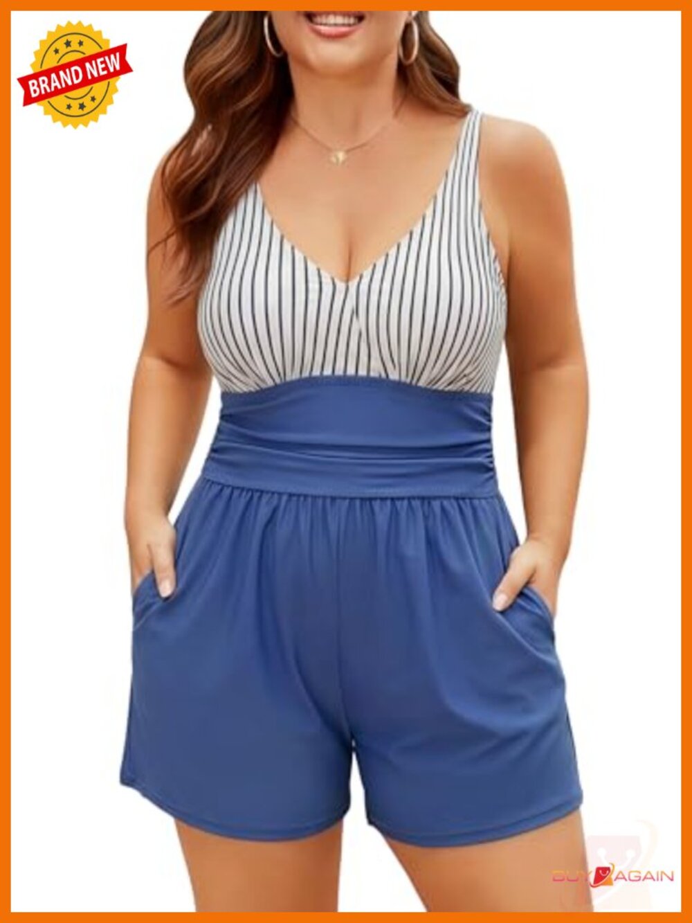 Plus Size One Piece Swim Romper with Shorts Pockets Tummy Control